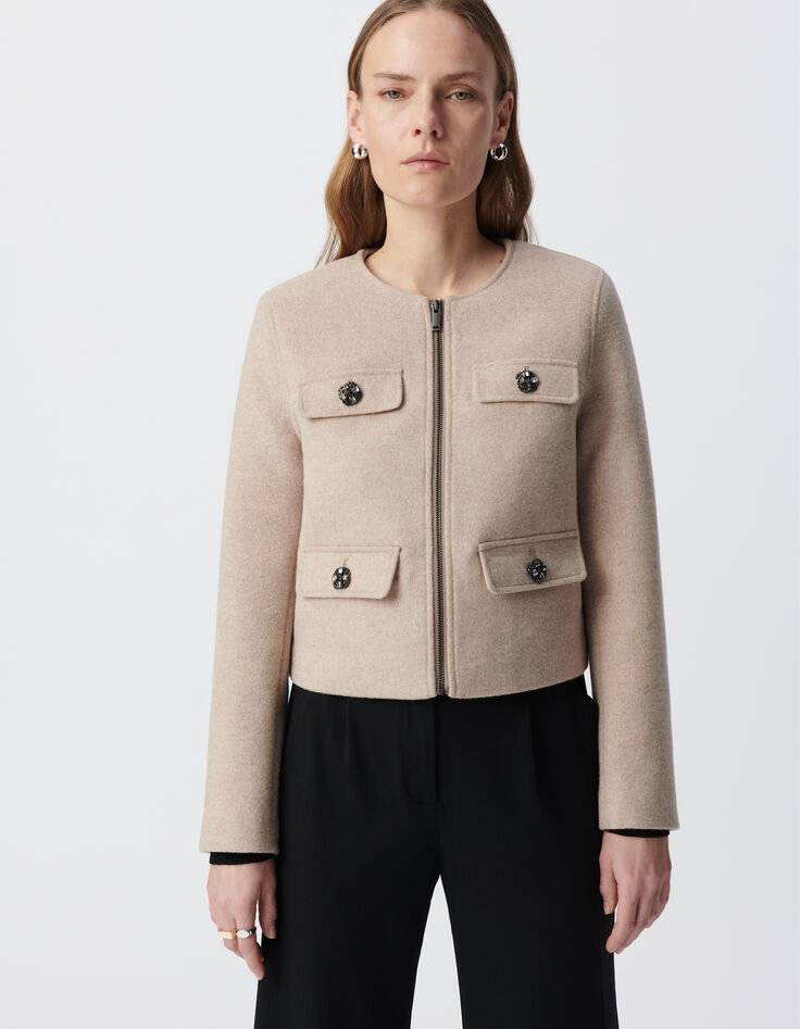 Women's straight beige wool jacket with rhinestone buttons-3