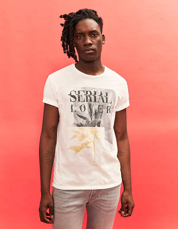 Men’s off white organic T-shirt with fleur de lis & slogan