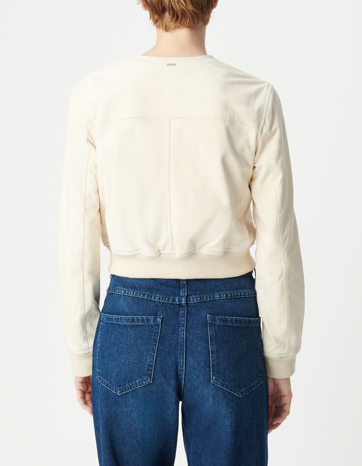Blouson court beige cuir velours Femme-3