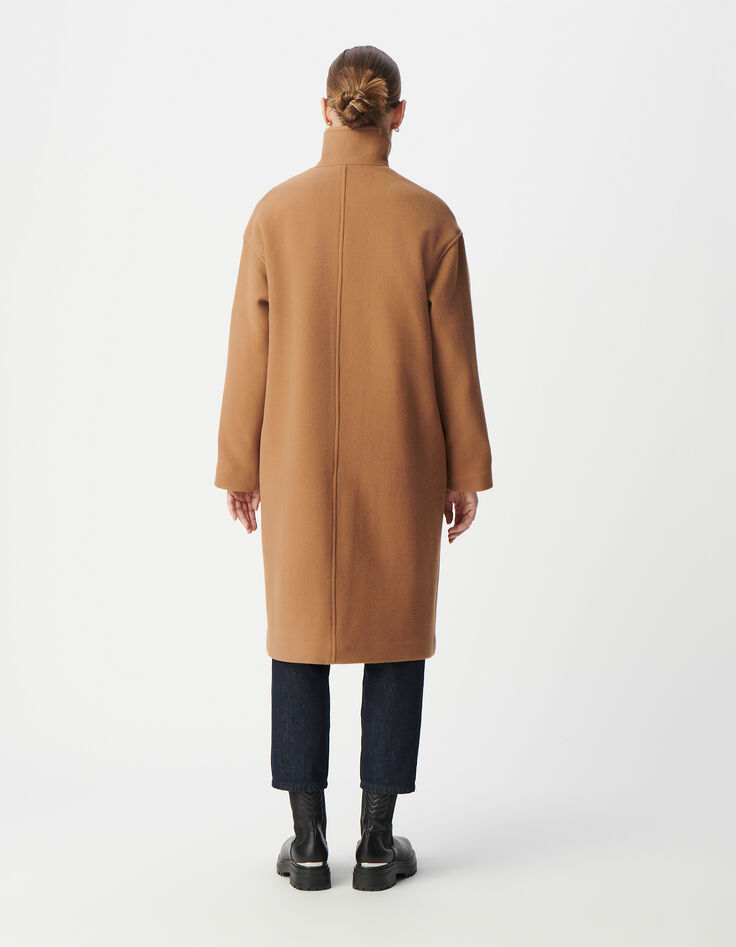 Langer camelfarbener Erbsenmantel für Damen mit abgesteppten Nylondetails-3