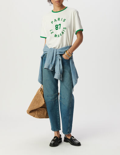 Wit T-shirt groene ribboorden met tekst - IKKS