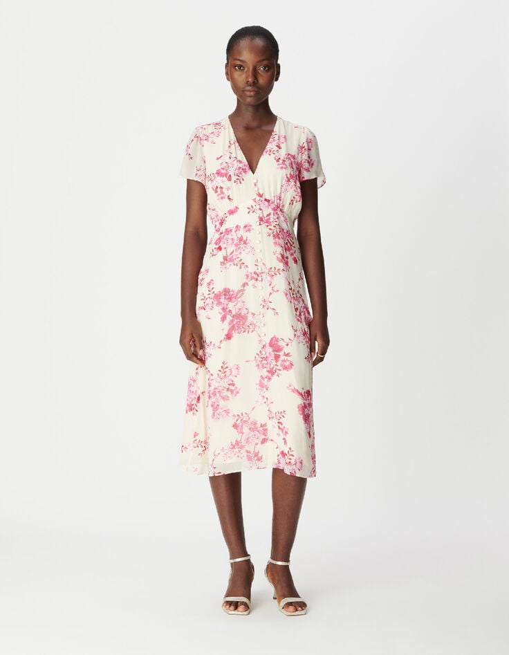 Robe midi &eacute;crue imprim&eacute; fleurs roses Femme-2