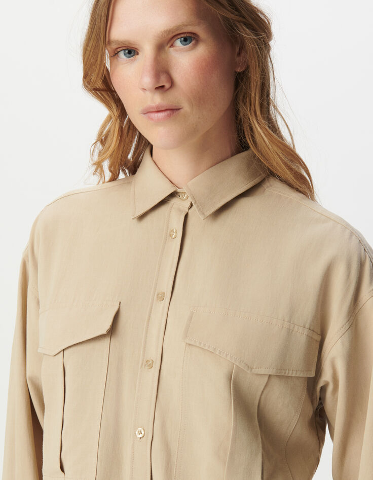 Beiges Oversize-Damenhemd, Maxi-Taschen-4