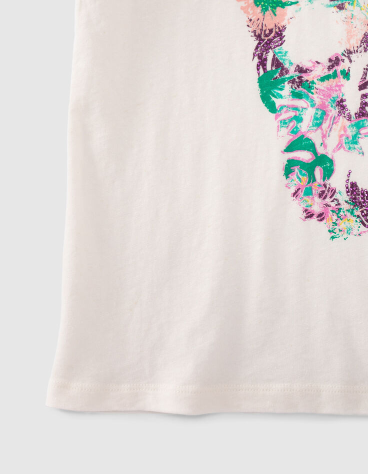 Weißes Damen-T-Shirt mit Totenkopf- und Blumenprint-3