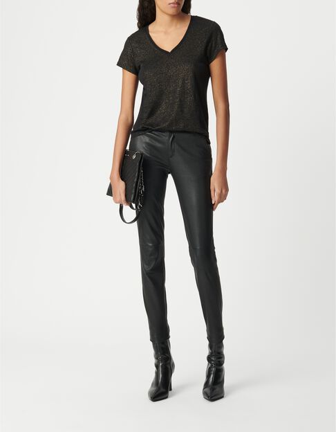 Tee-shirt col V noir en lin foil femme - IKKS