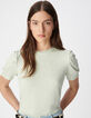 Women's green sequined round neck tee with gathered sleeves-4