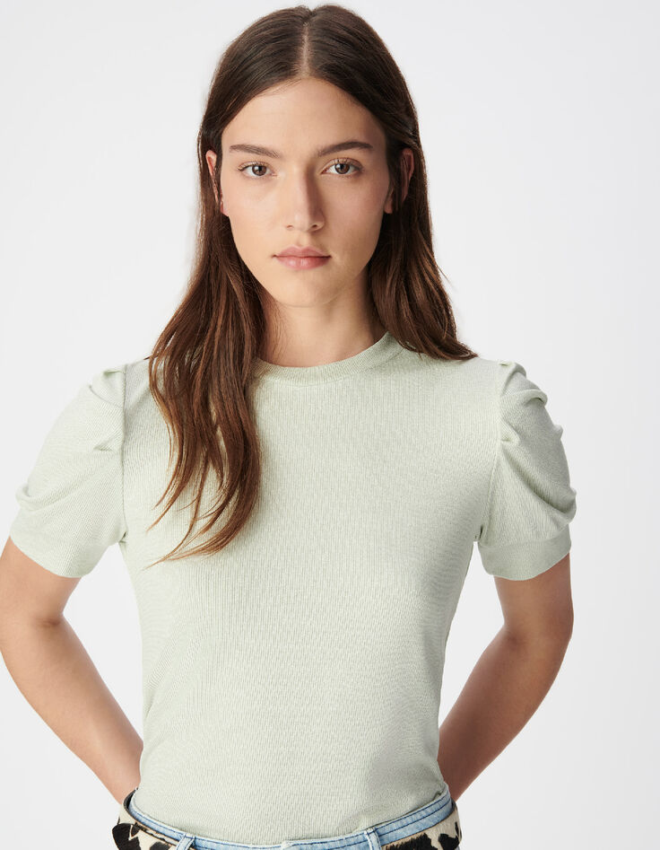 Women's green sequined round neck tee with gathered sleeves-4