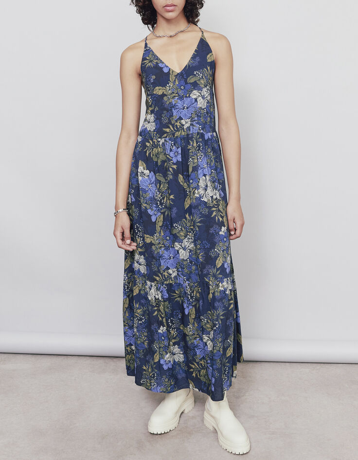Lange jurk in viscose tropische bloemenprint dames-1