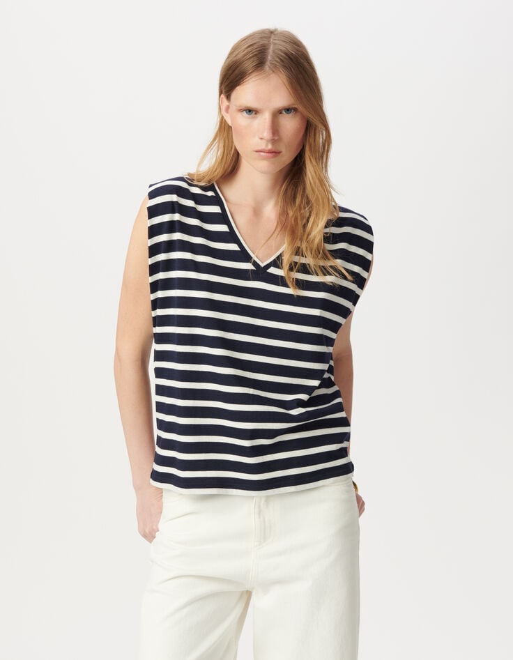 Women's navy and white striped sailor t-shirt with shoulder pads-2 Women's navy and white striped sailor t-shirt with shoulder pads-2