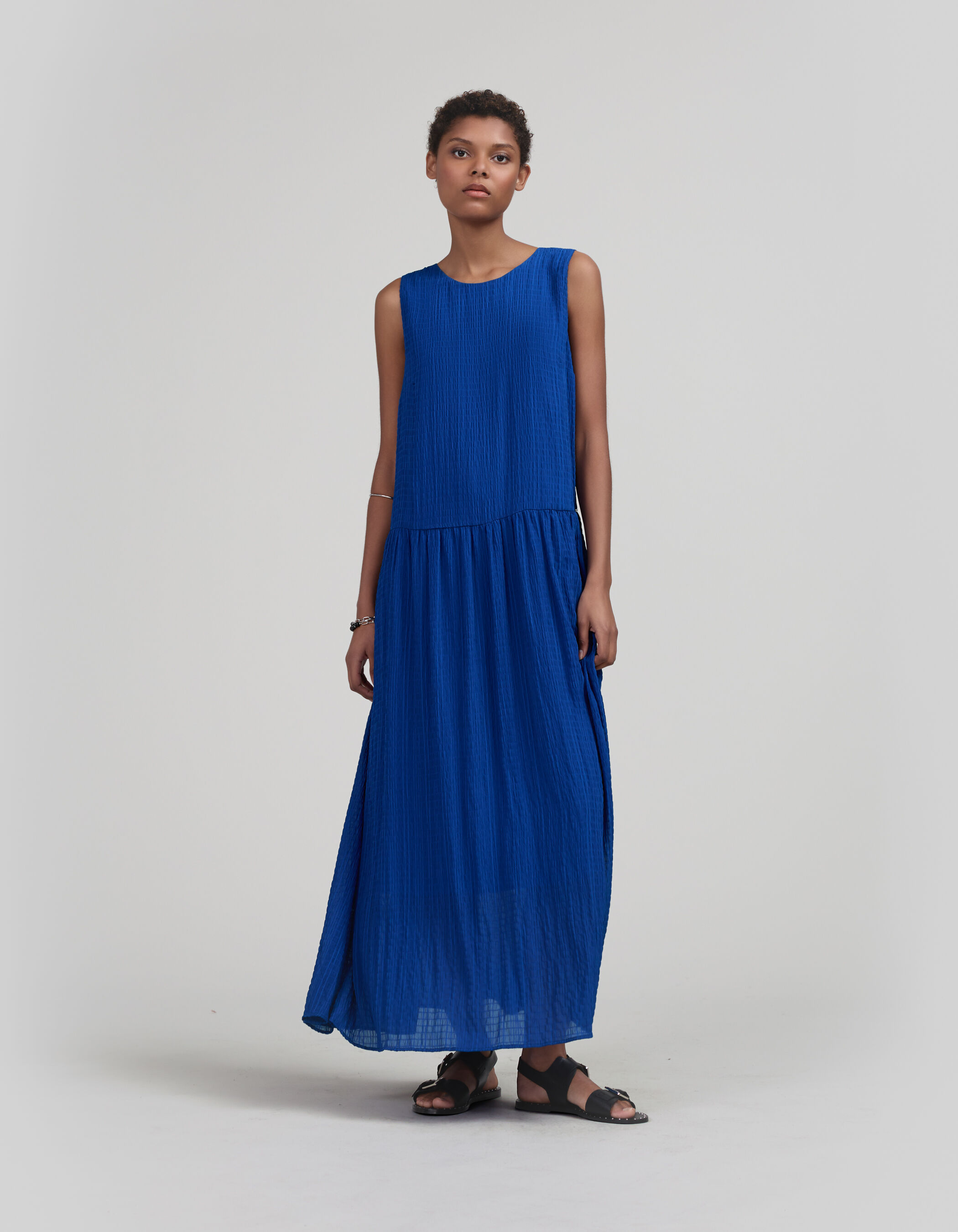 Robe longue cobalt recycle tissu gaufre Femme IKKS