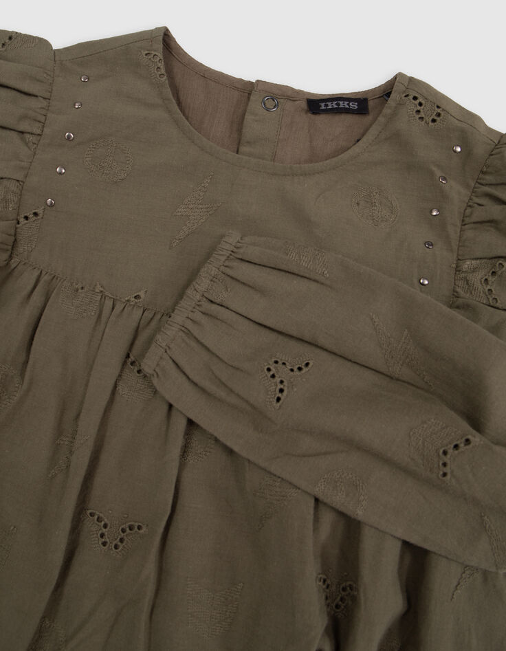 Kaki jurk, anglaise borduursel, legermotieven, meisje-7 Kaki jurk, anglaise borduursel, legermotieven, meisje-7