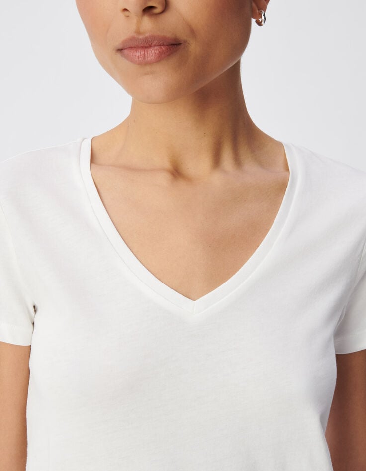 White V-neck T-shirt with chevron embroidery for women-4