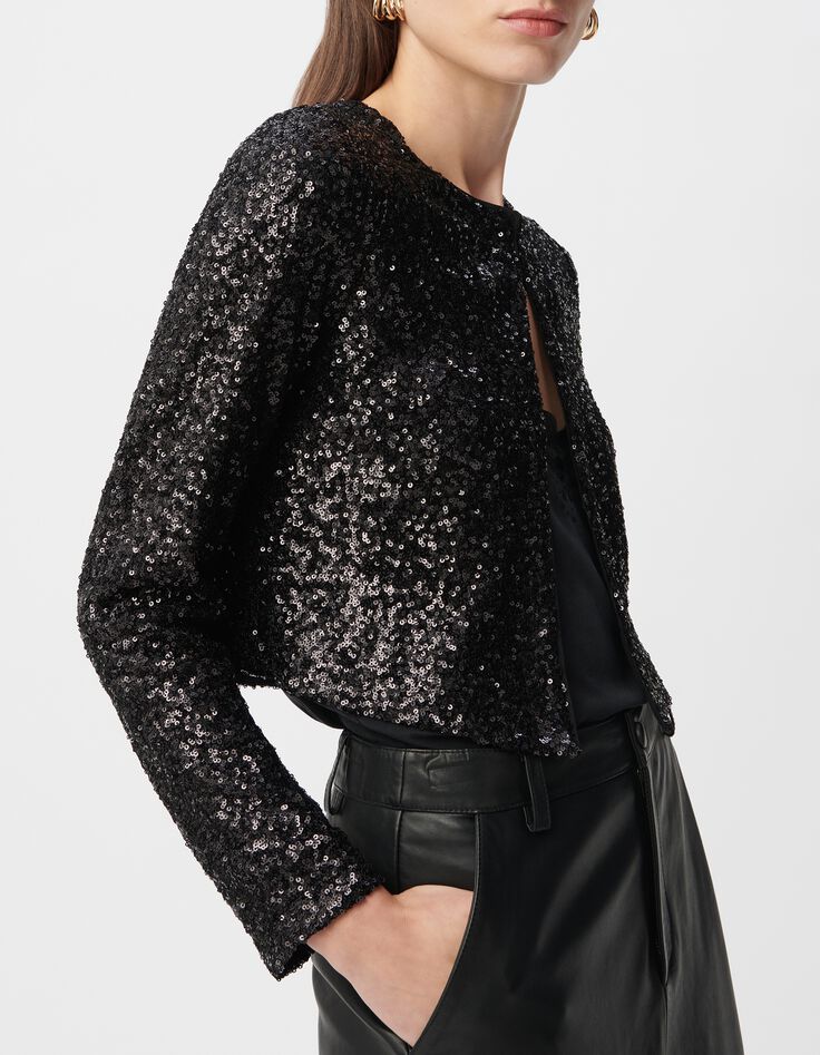 Women's short black jacket with sequin embroidery-5