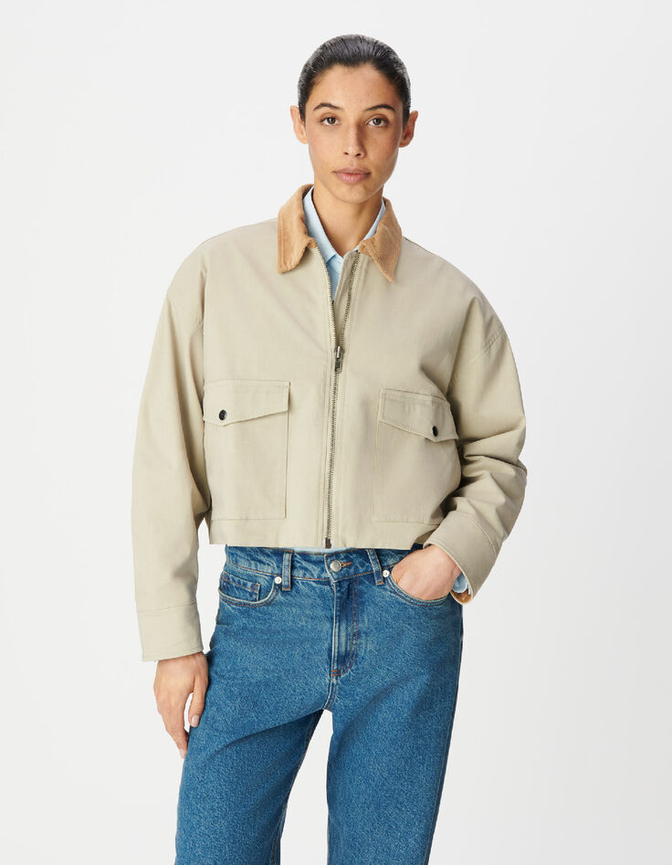 Women's oversized beige jacket with velour details-2