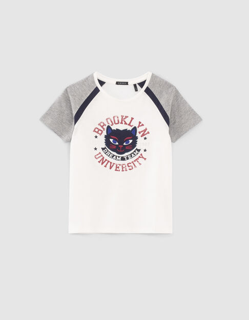 Cremeweißes Mädchen-T-Shirt Biobaumwolle Katzenstickmotiv - IKKS