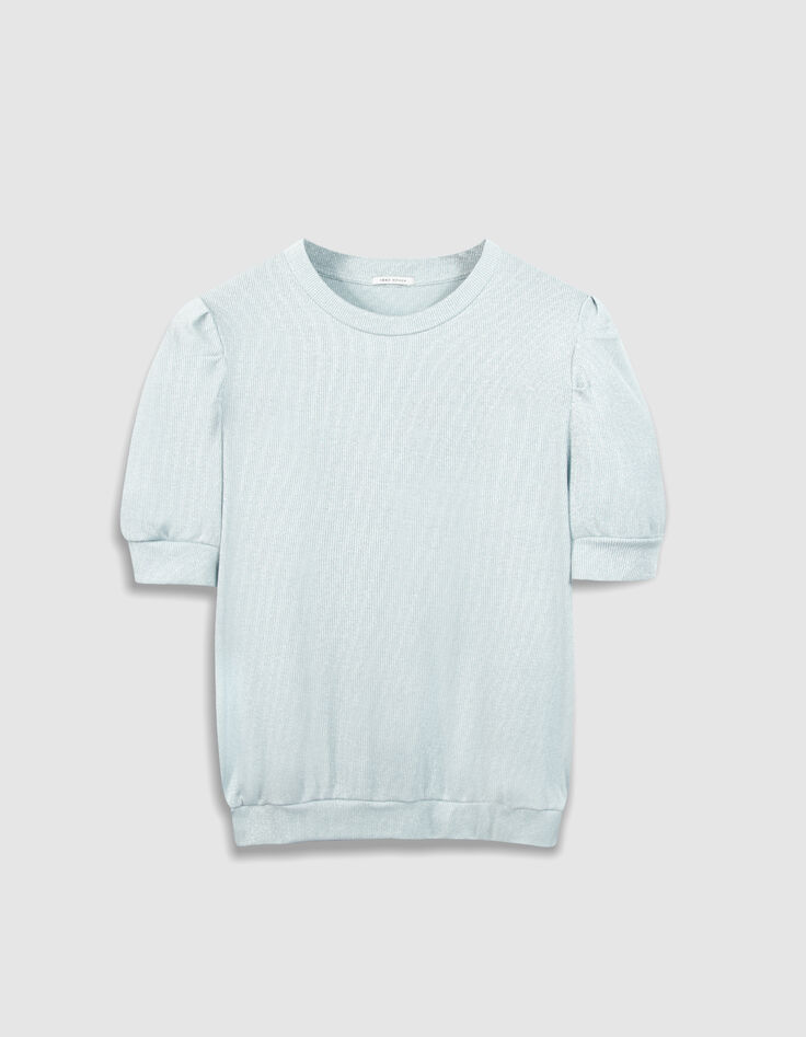 Tee-shirt col rond bleu paillet&eacute; manches fronc&eacute;es Femme-6