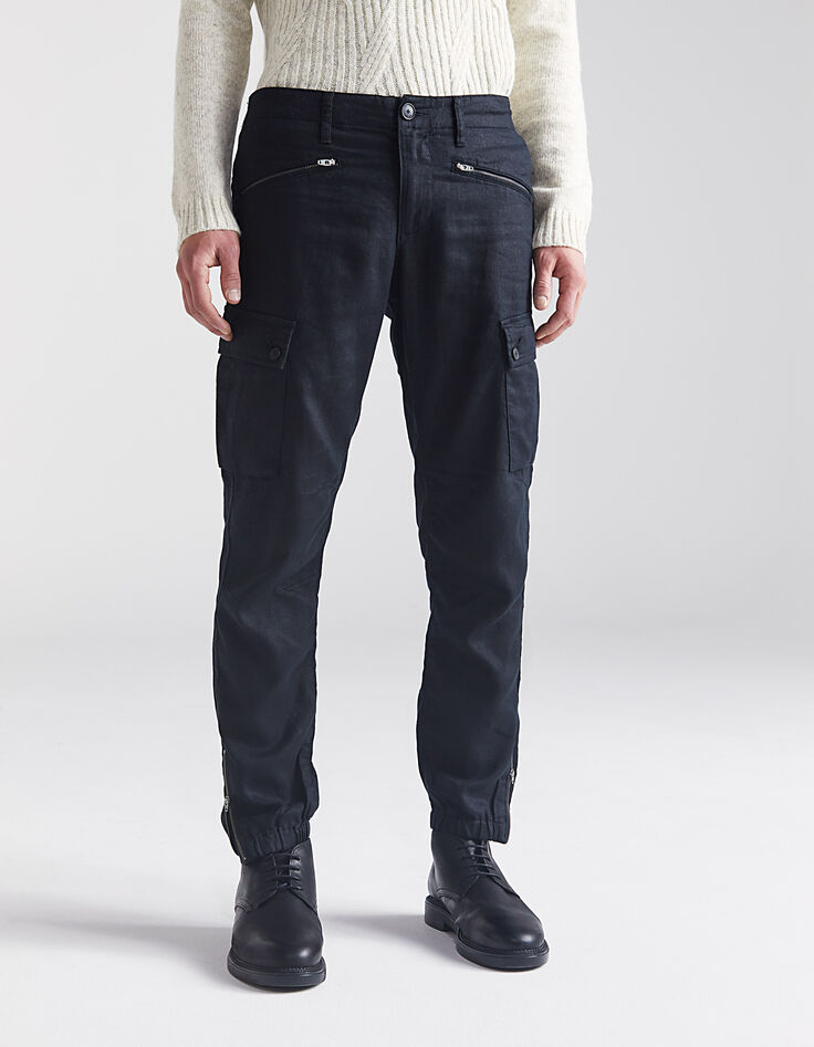 Pantalón battle CROPPED negro de lino y bajos elásticos Hombre-2