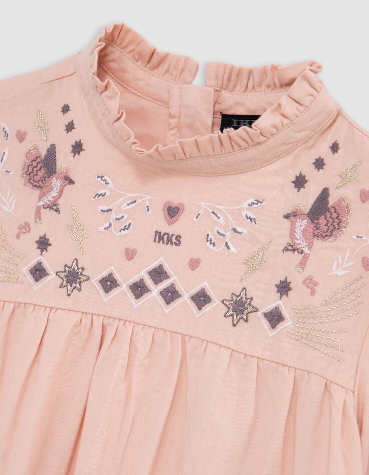Roze meisjesjurk met art-decovogelborduurwerk-2 Roze meisjesjurk met art-decovogelborduurwerk-2