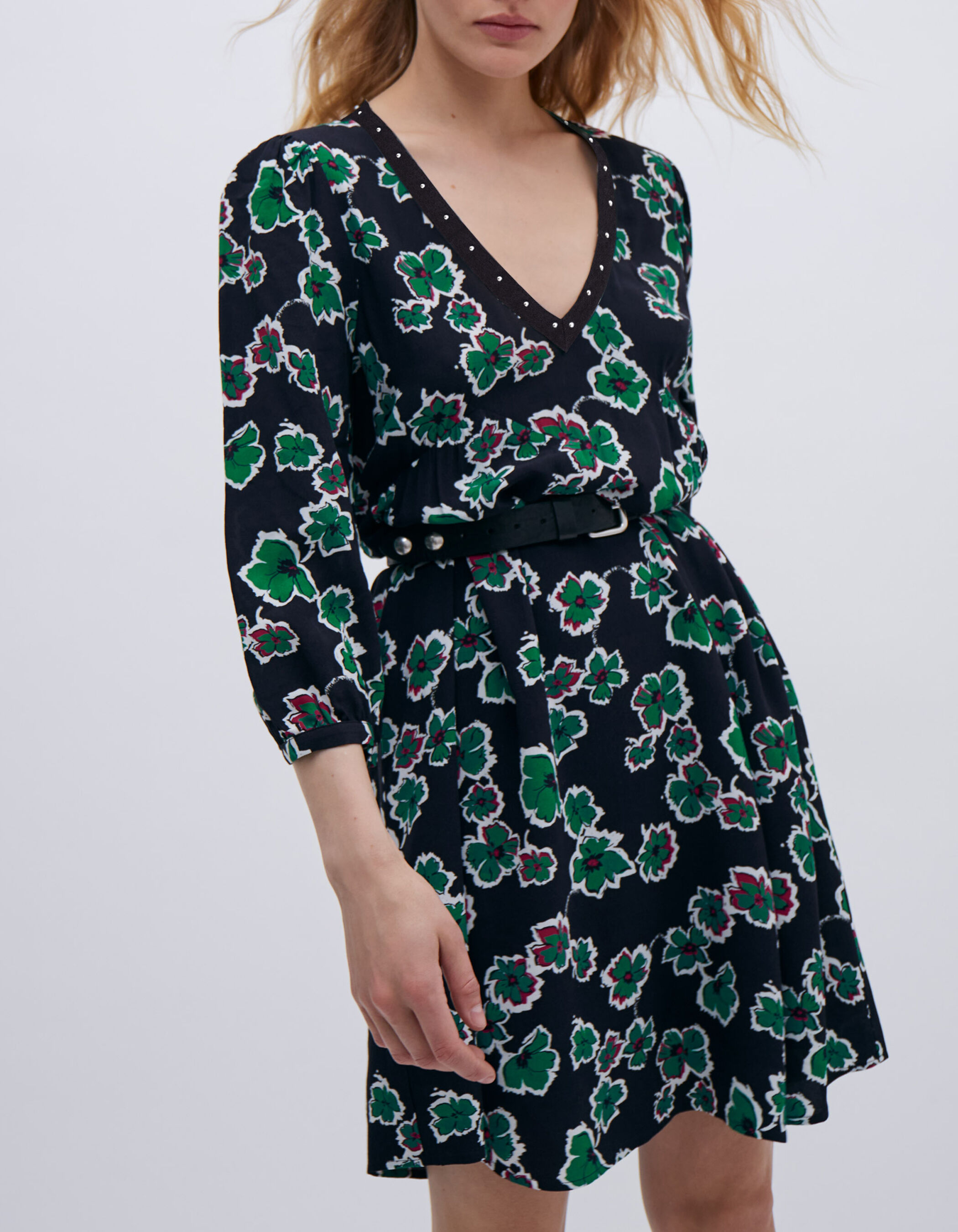 Robe noire imprim maxi floral col clout Femme