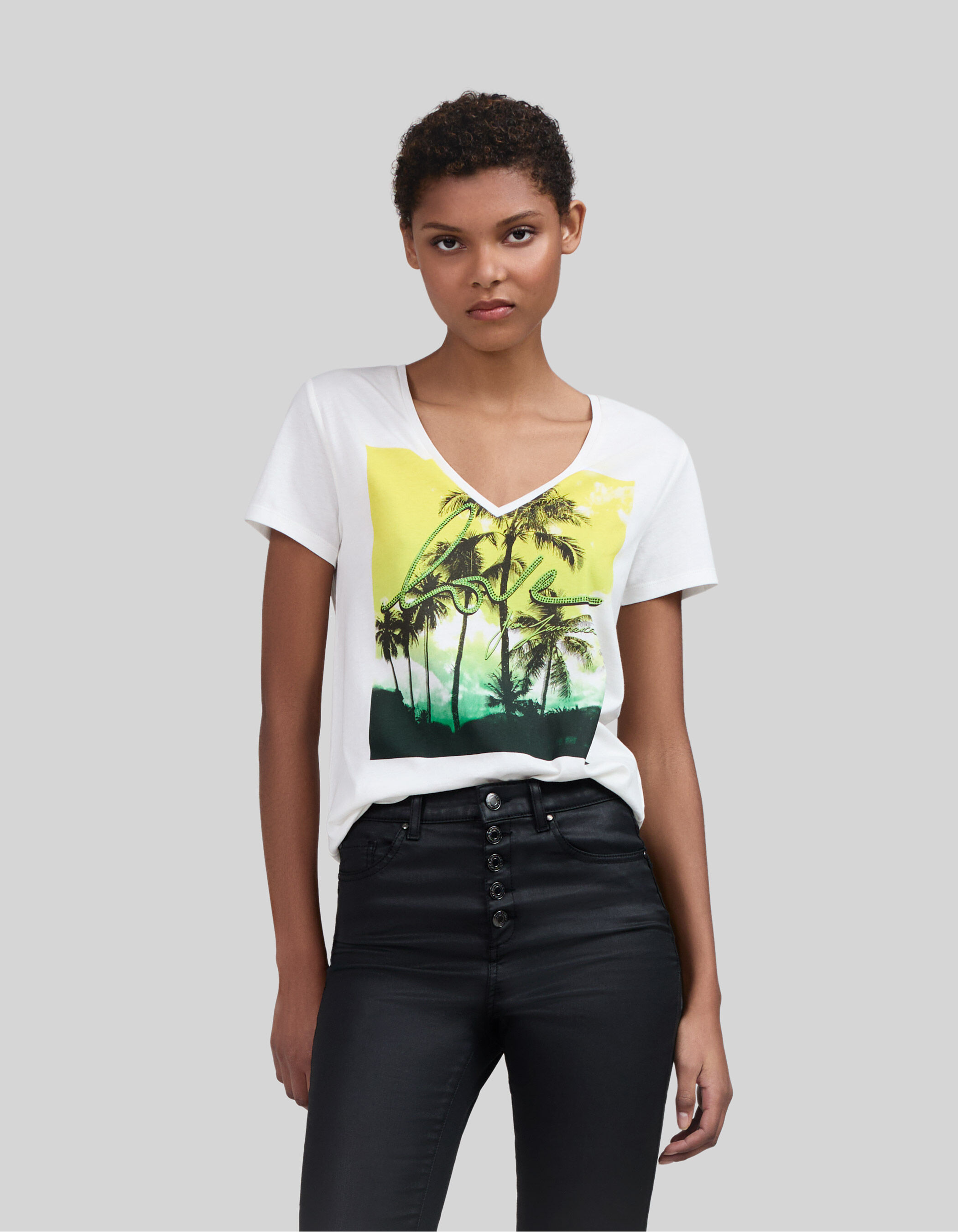 Camiseta blanco roto mensaje flocado terciopelo mujer IKKS