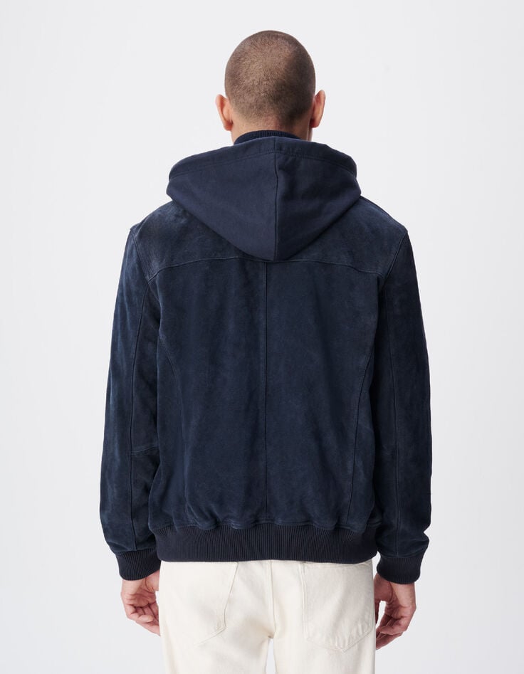 Donkerblauw su&egrave;de herenjack met afneembare capuchon-3