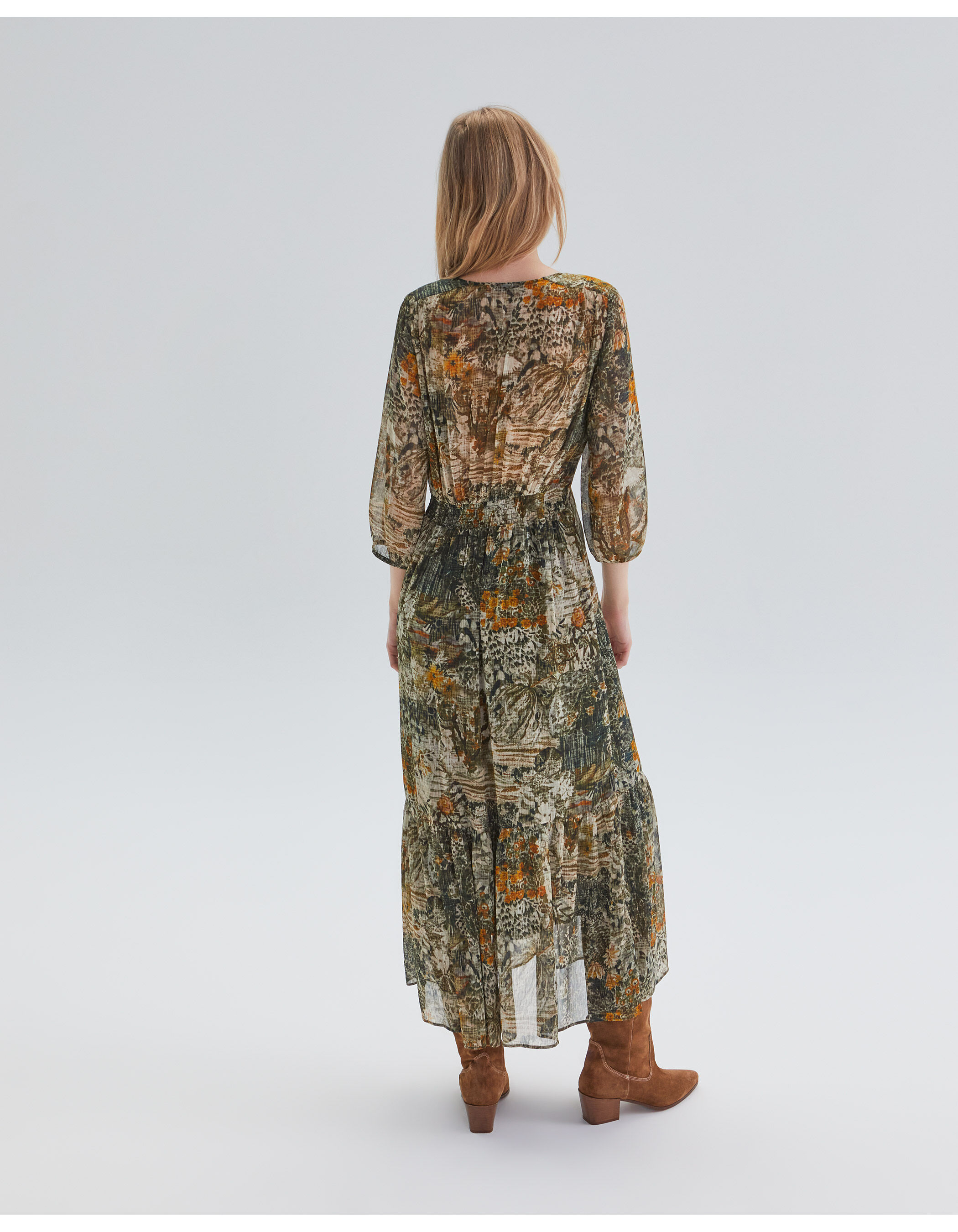 Robe longue kaki imprim paysage Femme