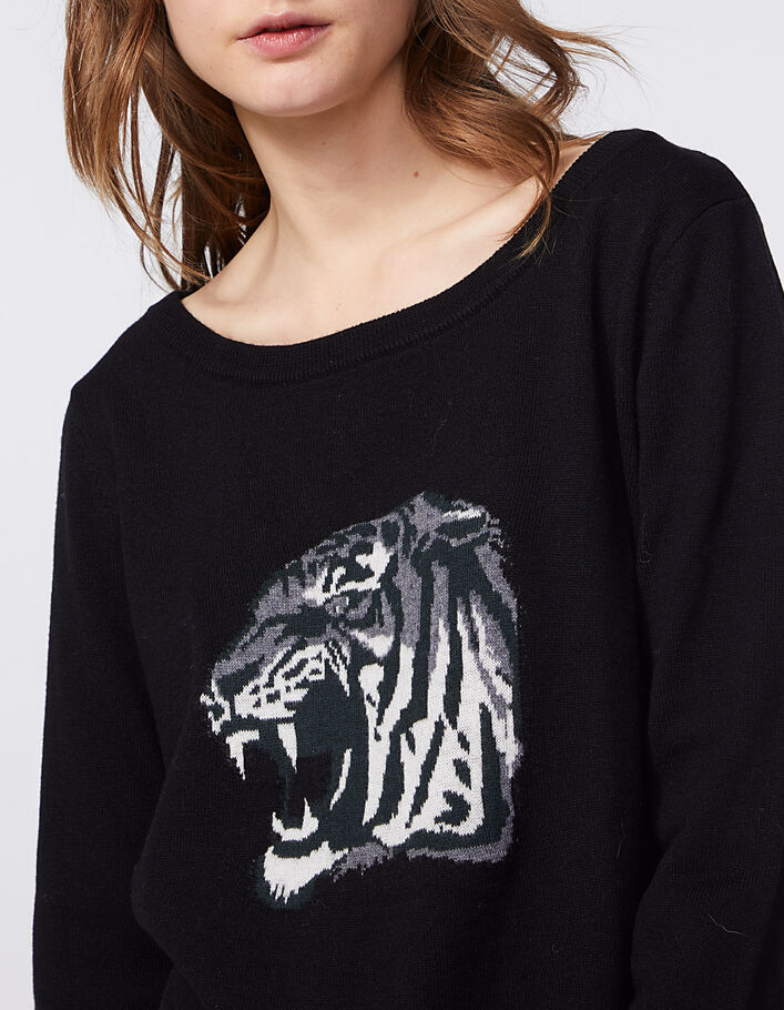 Jersey negro de lana mayoritaria jacquard tigre mujer - IKKS