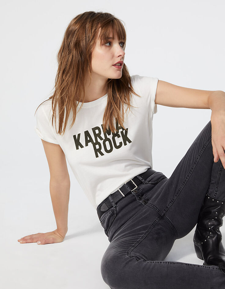 Camiseta blanco roto de algodón modal visual Karma Rock mujer-1