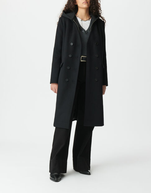 Manteau long noir parementure &agrave; capuche amovible Femme - IKKS
