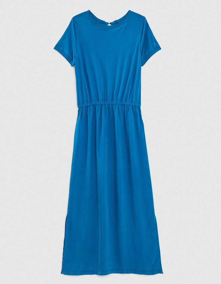 Robe midi en cupro viscose bleu ouverture dos femme-1