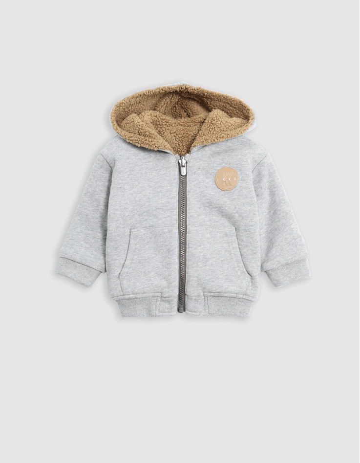 Cardigan réversible molleton gris sherpa camel bébé garçon-1