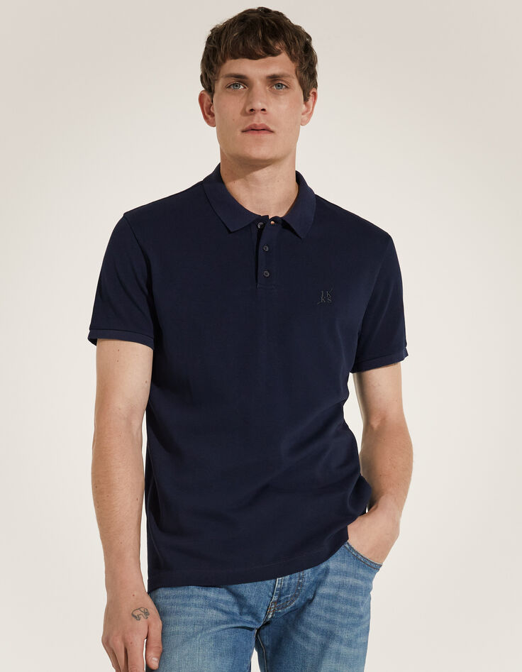 Men&rsquo;s navy mixed fabric polo shirt with jersey back-2
