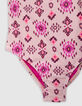 Maillot de bain 1 pièce rose imprimé ethnique fille-4
