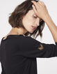 Pull col V noir apport viscose badges bijoux femme-5