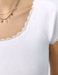 Cremeweißes Damen-T-Shirt, Rippenstrick, Spitzenrand-3