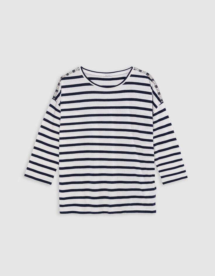 Oversized navy en wit matrozen T-shirt met schouderjuwelen Dames-5