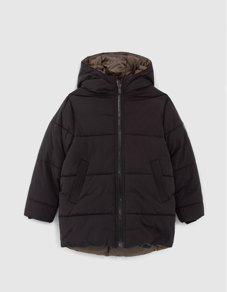 Doudoune longue reversible noire et mocha garcon