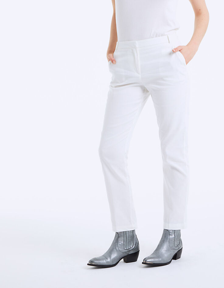 Pantalón sastre tobillero de algodón lino blanco roto mujer-2