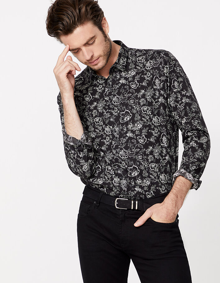 Zwart REGULAR fit overhemd met bloemenprint Heren - IKKS