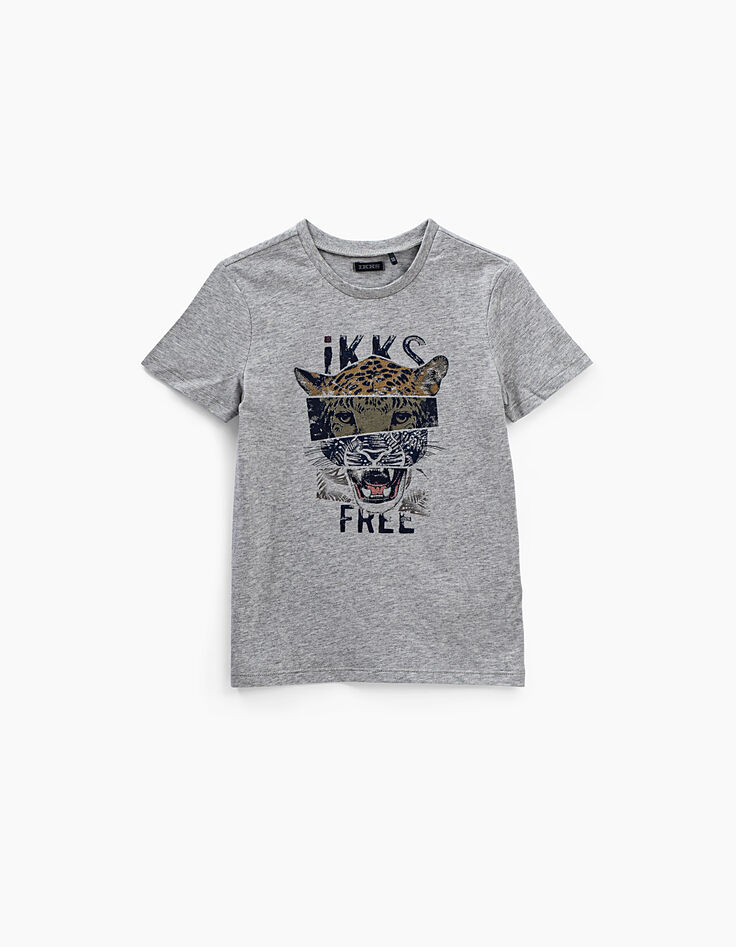 Tee-shirt gris chiné moyen visuel léopard garçon -3