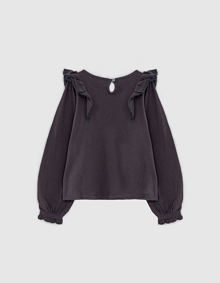 T-shirt noir bio à volants brodé éclairs fille-4