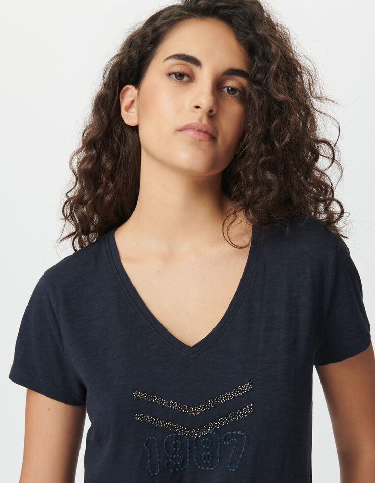 Women’s navy organic cotton T-shirt, embroidered chevrons-4