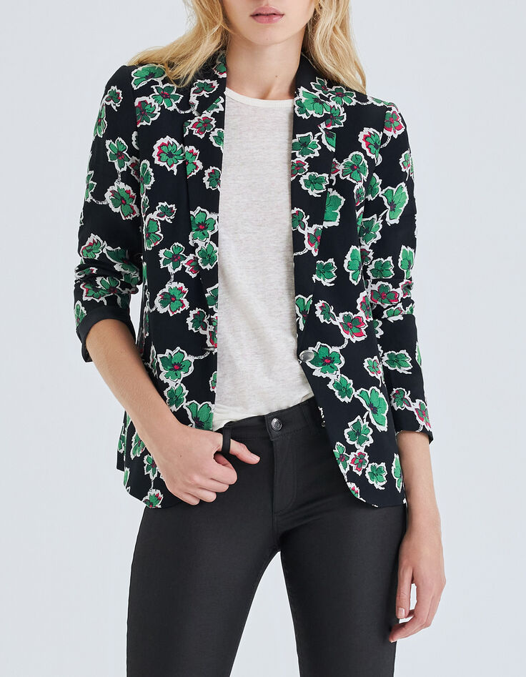 Women’s black suit jacket with green flowers print-1