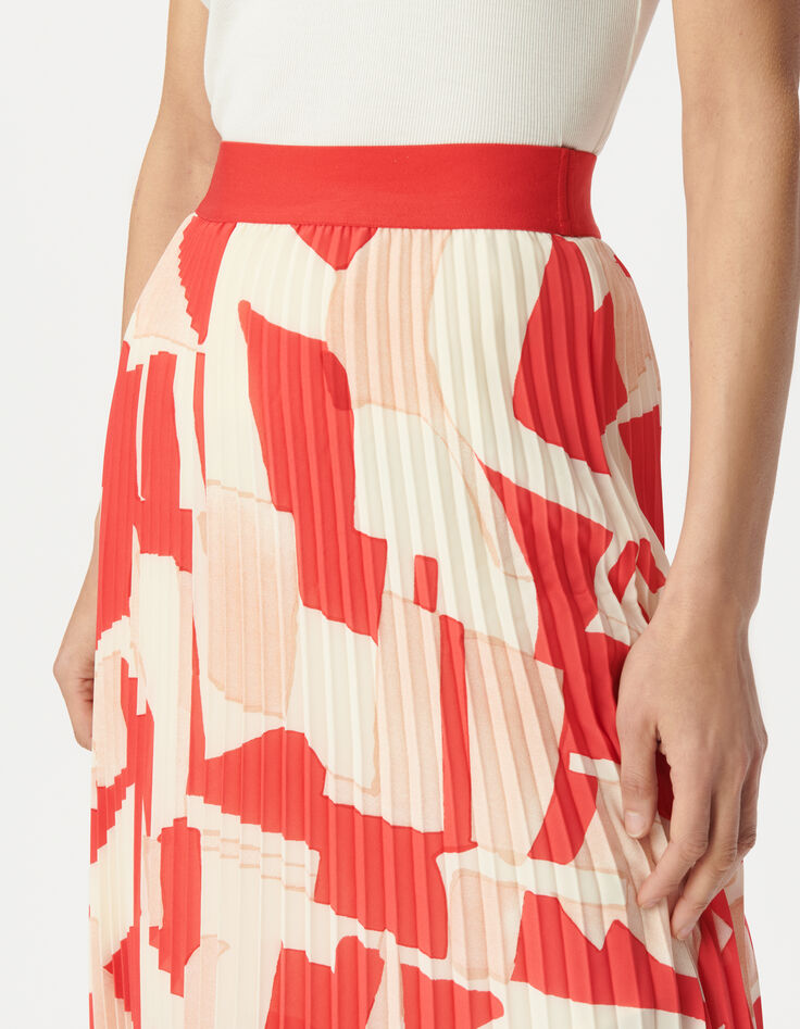 Roter, plissierter, geometrisch bedruckter langer Rock für Damen-5