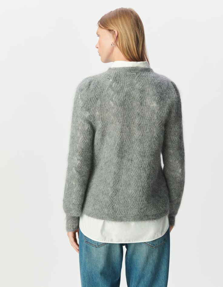 Grauer Damenstrickpulli Mohair-Mix, Zopfmuster-3