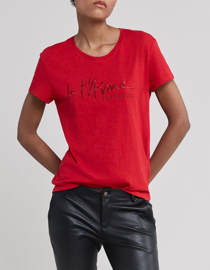 Tee-shirt rouge coton bio message brodé Femme