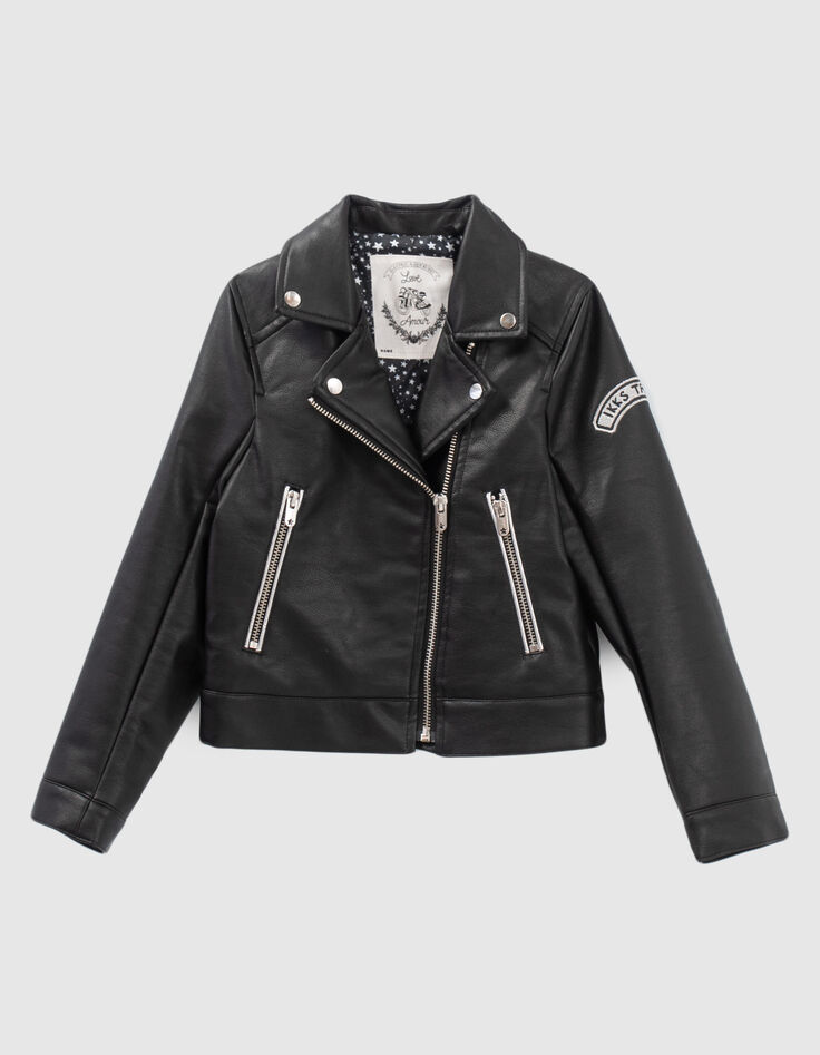 Girls’ black biker-style jacket, studded wings on back-1