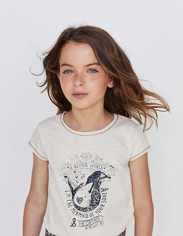 Girls’ ecru T-shirt with navy and gold mermaid - IKKS