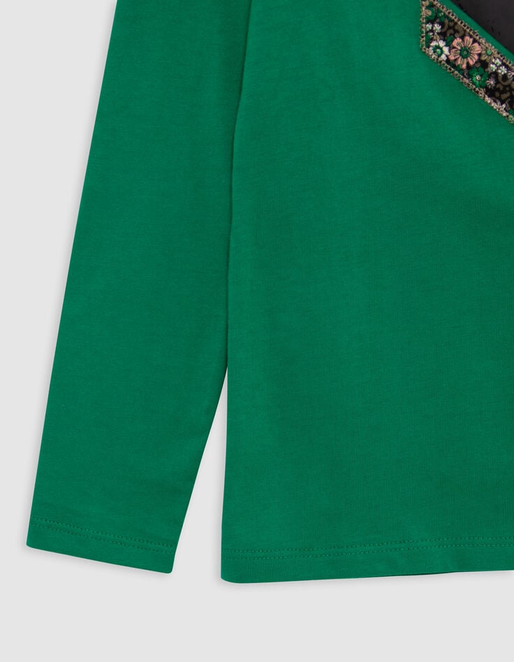 Multi-Material-T-Shirt Grün Mädchen mit Fischgrätenmuster-4