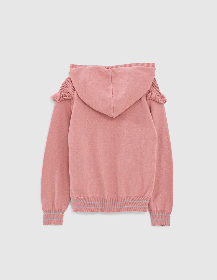 Girls’ dusty pink openwork knit and ruffle cardigan-3 Girls’ dusty pink openwork knit and ruffle cardigan-3